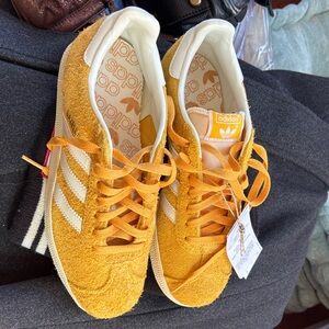 adidas Mustard Yellow Suede Gazelle Sneakers with White Stripes